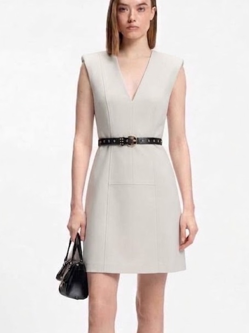 Vintage 2000s Hugo Boss Karna Deep V-Neck Sheath Dress US 8 Beige Officecore Y2K